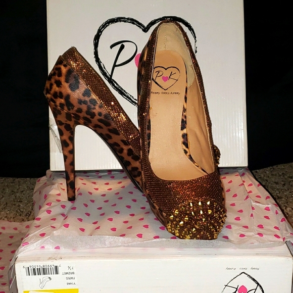 P♡K leopard print & gold spikes super high heels pumps Faris Brzmet sz 7.5 - Picture 1 of 16